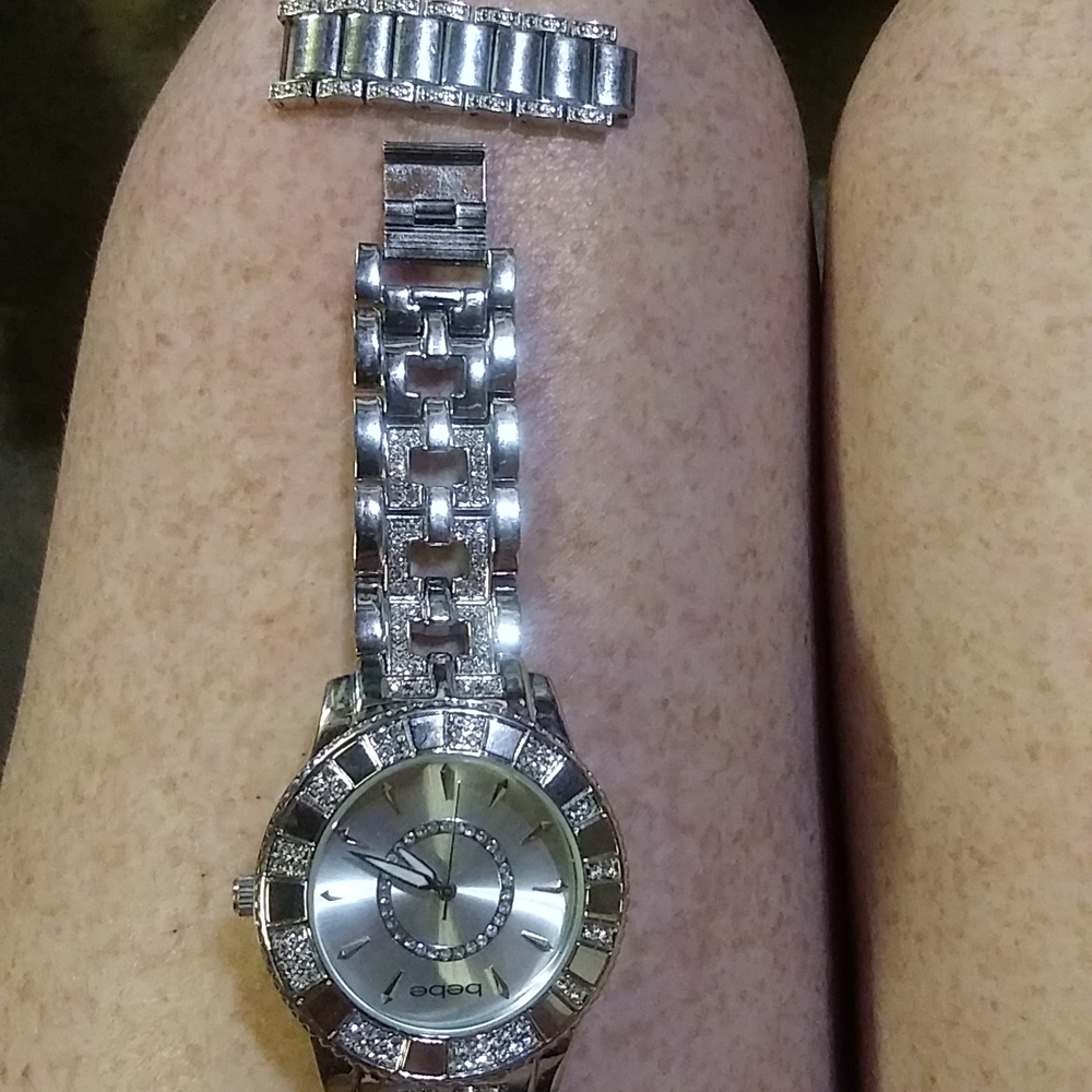 Bebe Rhinestone & Stainless Steel Sparkly Watch For Small Wrist W/Extra Links - Picture 8 of 14